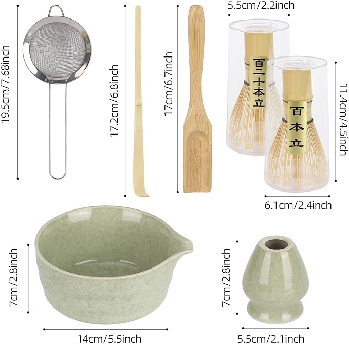 6Pcs Matcha Whisk Set With Bamboo Whisk(120-Prong) and Ceramics Holders and Bowl,Scoop,Stainless Steel Sifter for Women Christmas Birthday Gifts