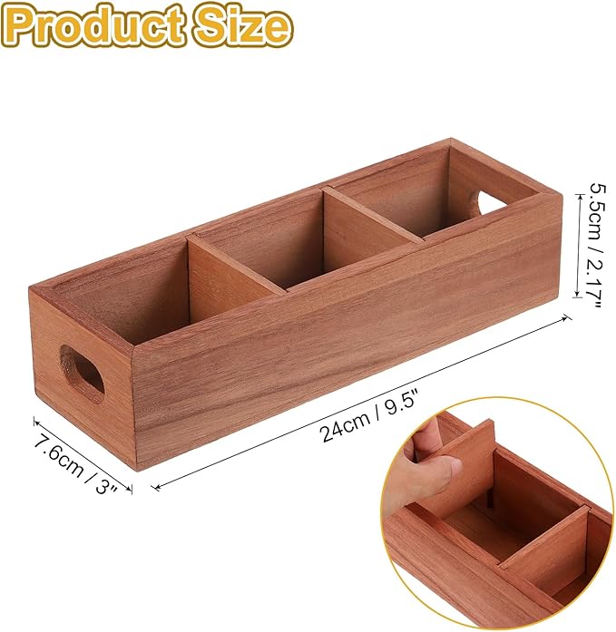 uxcell Tea Bag Organizer, 3 Compartments Wood Tea Box with Handle, Tea Storage Organizer Holder for Tea Bags, Beverage Supplies Sugar Packet, Wood Color