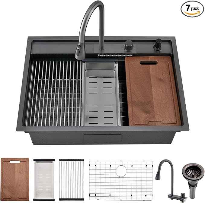 30 inch Black Drop in Kitchen Sink Workstation with Waterfall Faucet Combo -VOKIM 30x22 Drop in sink Workstation 16 Gauge Stainless Steel Single Bowl topmount Kitchen Sink with Waterfall Faucet