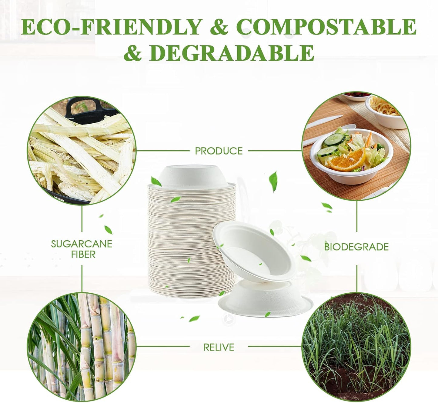 Vplus 200 Pack 16 OZ Paper Bowls, Disposable Compostable Bulk, Eco-friendly Bagasse, Heavy-duty Bowls Perfect for Milk Cereals, Snacks, Salads