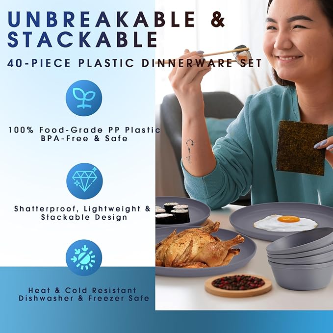 40 Piece Plastic Dinnerware Set for 8 with Cutlery, Unbreakable Plates and Bowls Set, Dishwasher & Microwave Safe Reusable Dish Set for Camping, RV, Outdoor Kitchen, Apartment Dining, Gray