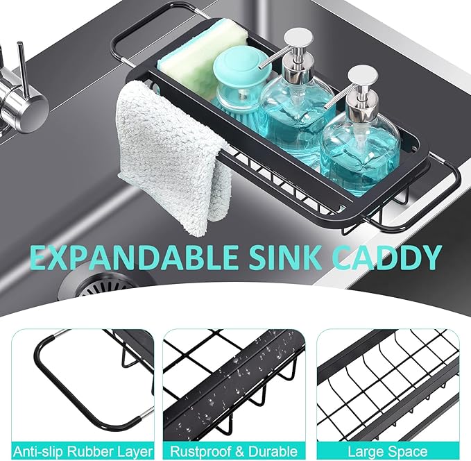 TOOLF Expandable Sink Caddy with Dish Towel Bar, Adjustable Over-The-Sink Organizer for Kitchen, Rustproof Sponge Holder and Drying Rack