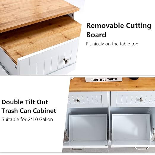 Gitua Double Tilt Out Trash Cabinet 20 Gallon, Freestanding Wooden Kitchen Trash Recycling Cabinet with Drawer & Removable Cutting Board, Dog Proof Trash Can Cabinet, White