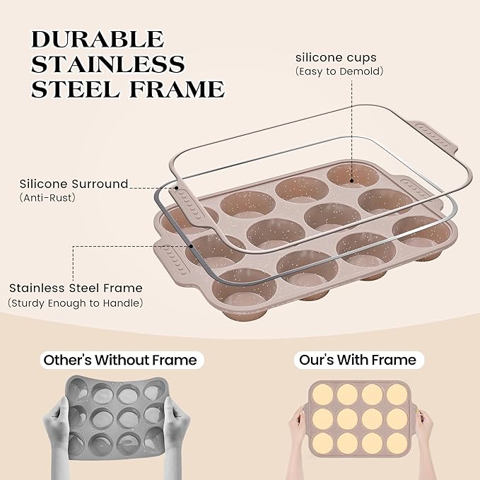 1 Pc Silicone Muffin Pans for Baking with Metal Reinforced Frame, Nonstick Cupcake Tray for Oven, 12 Cups Regular Size Silicone Molds for Egg Bites, Dishwasher Safe (Brown)