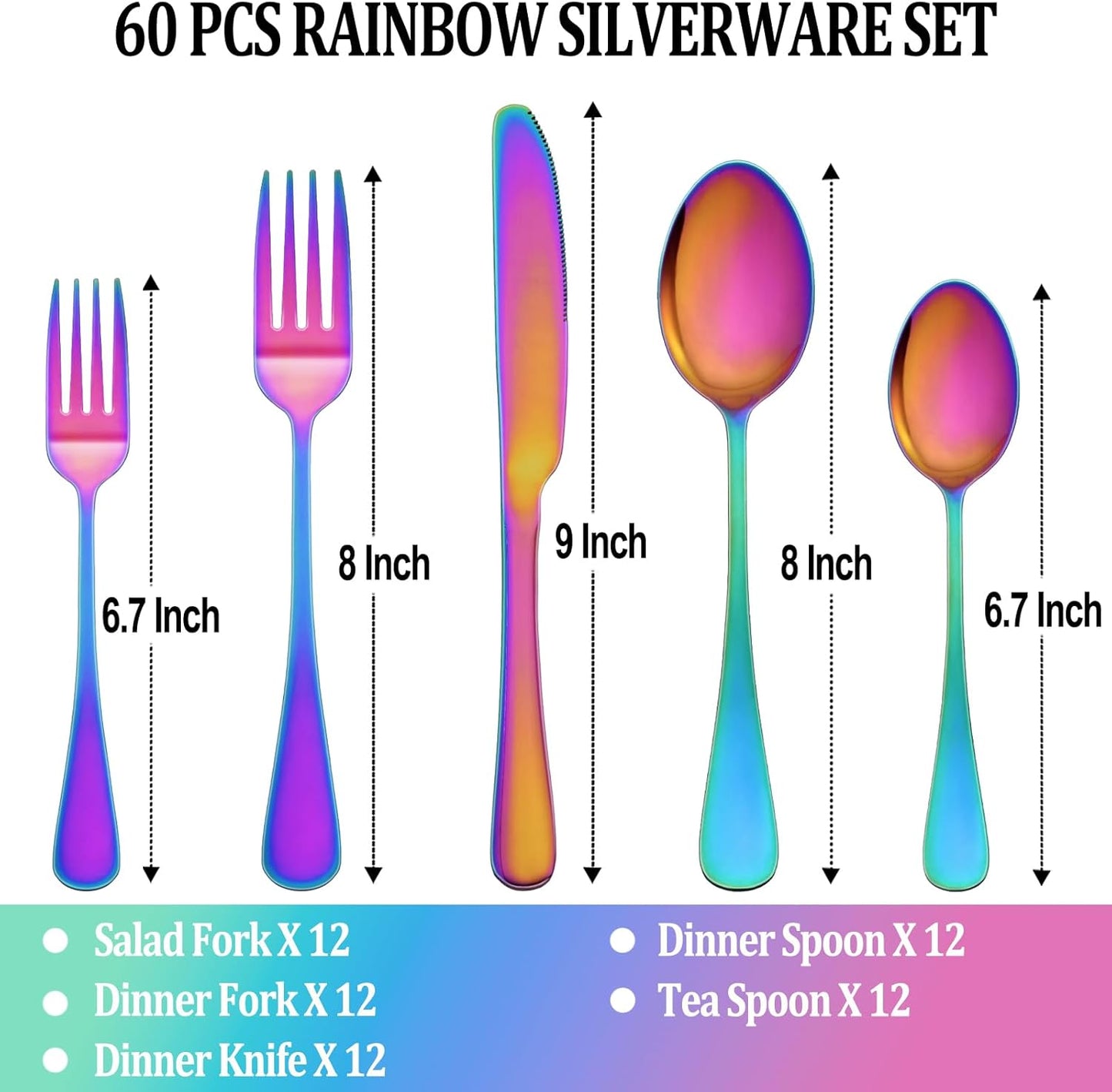 60 Pcs Rainbow Silverware Set Service for 12,Stainless Steel Flatware Serving Sets,Kitchen Tableware Set,Utensil Set for Home and Restaurant,Knives Forks Spoons Set,Mirror Polished,Dishwasher Safe
