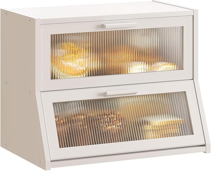 GHWIE Double Layer Bamboo Bread Box for Kitchen Counter,Large Capacity Bread Storage Bin,Bread Container with Acrylic Wavy Door Panel (White, Medium)