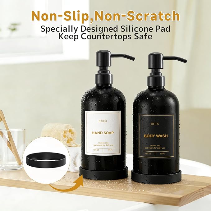 Kitchen Soap Dispenser Set – 16.8oz/500ml Glass Hand and Dish Soap Dispenser with Stainless Steel Pumps & Non-Slip Silicone Base, Luxury Countertop Decor for Home, Airbnb, Vacation Rental (Black)
