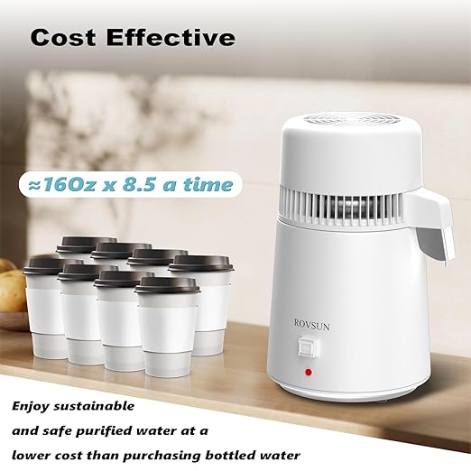 ROVSUN 1.1 Gallon/4L Water Distiller for Home Countertop, Stainless Steel Interior & BPA-Free Container, Distilled Water Machine Water Maker Purifier, Distilling Pure Water Maker, 1L/H, White, 750W