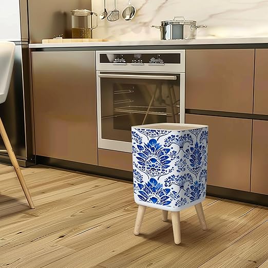 Small Trash Can with Lid porcelain seamless pattern Floral ornament watercolor blue white Wastebasket with Press Cover Dog Proof Garbage Can Waste Bin for Kitchen Bathroom Nursery 2.6 Gallon
