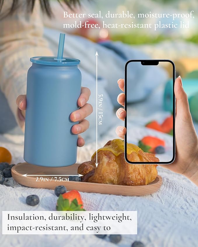 16oz Glass Cups With Lids and Straws, Stainless Steel Beer and Iced Coffee Cup, Smoothie Drinking Cup, Dark Blue (Textured Matte Finish, Not Sublimatable)