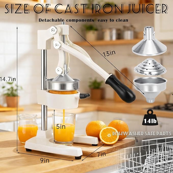 Cast Iron Juicer, Cast Iron Juicer Hand Press Heavy Duty, Peel-Free Juicing, Professional Lemon Orange Pomegranate Squeezer, Effortless, Stable, Easy Clean for Home, Bar, Commercial Use(White)