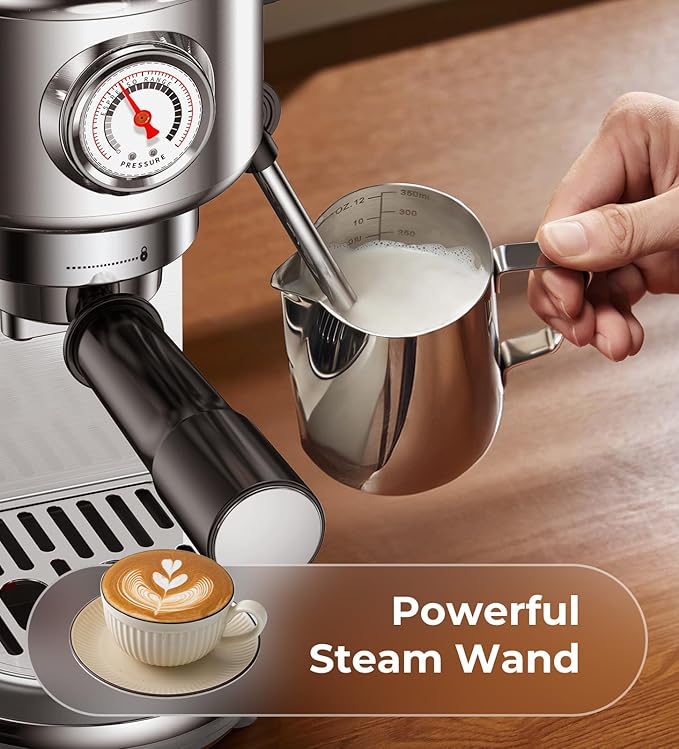 atatix Espresso Machine with Milk Frother, 20 Bar Pressure Espresso Maker, with 44OZ Removable Tank, Compact Stainless Steel Coffee Machine for Home, Office, Latte, Cappuccino, Macchiato, Silver