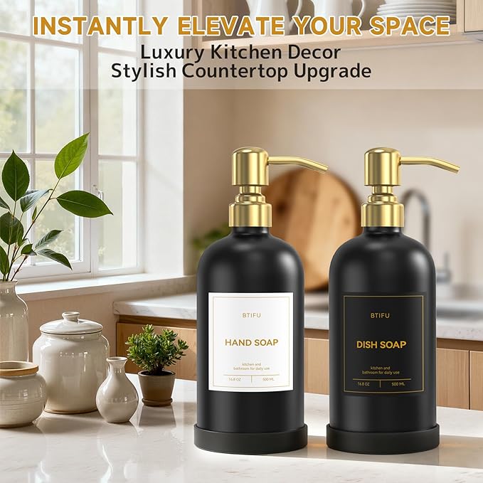 Kitchen Soap Dispenser Set – 16.8oz/500ml Glass Hand and Dish Soap Dispenser with Stainless Steel Pumps & Non-Slip Silicone Base, Luxury Countertop Decor for Home, Airbnb, Hotel (Black & Gold)