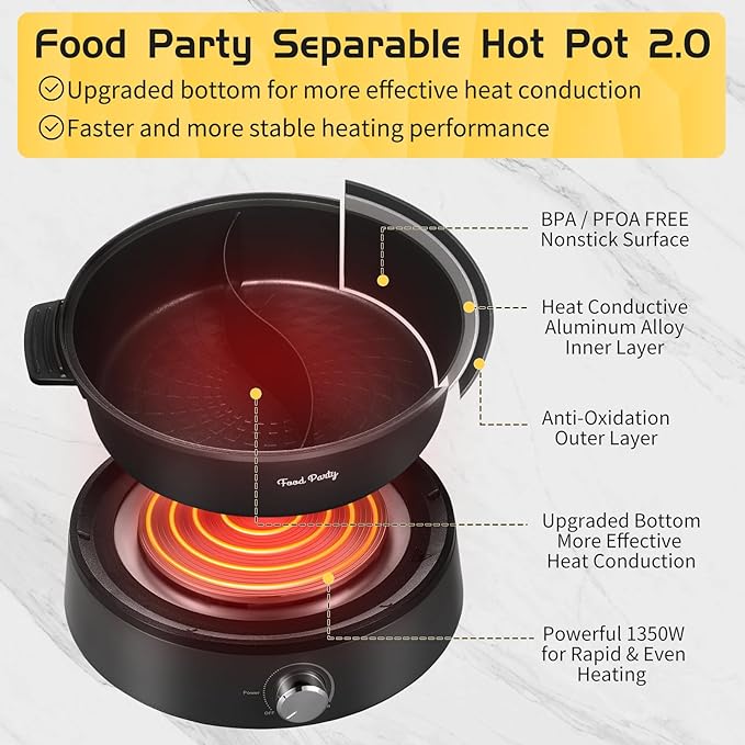 Food Party Hot Pot Electric Hotpot Separable Shabu Shabu Pot with Divider Hotpot Cooker Electric Dual Sided 110V 1350W Non-Stick 4L Fondue Pot for 2-6 People