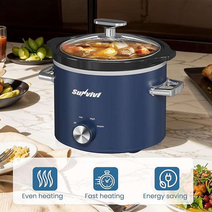 Sunvivipro 2QT Small Slow Cooker with Removable Ceramic Pot, Food Warmer with 3 Heating Settings & Dishwasher Safe Glass Lid, Blue