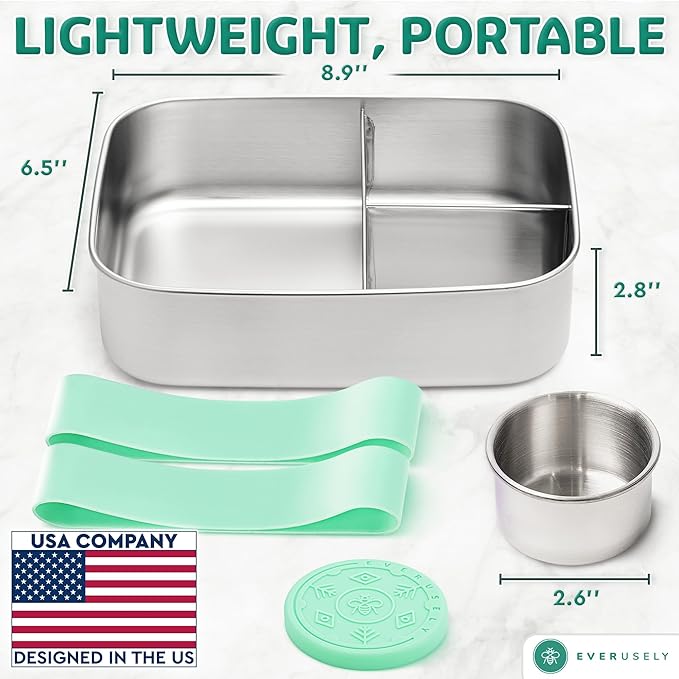 Everusely - Bento Box - Green, 60oz / 1.8 L - Extra Large Stainless Steel Lunch Box + Leakproof Condiment Container - 3 Compartment Snack Organizer for On the Go Meals - Freezer & Dishwasher Safe
