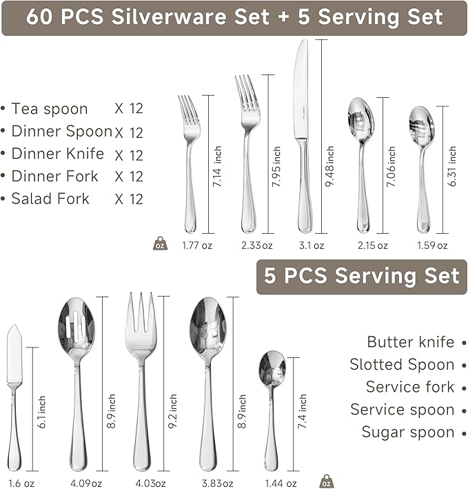 KINGSTONE 65 Pieces Silverware Set for 12, Premium Stainless Steel Flatware Set with Serving Utensils, Heavy Duty and Modern Design Cutlery Set, Mirror Polished, Dishwasher Safe