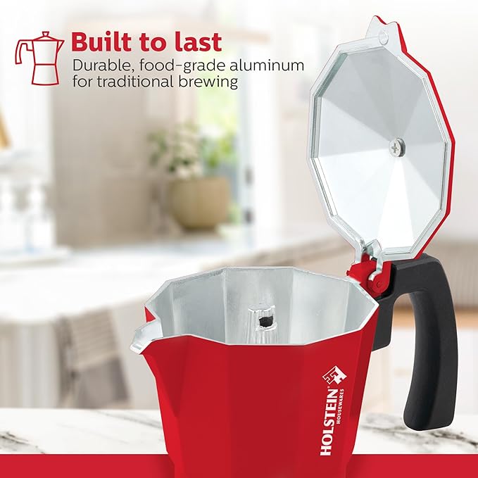 Holstein Housewares - 6 Cup Aluminum Stovetop Espresso Maker and Moka Pot - Great Tasting Traditional Espresso Coffee, Italian and Cuban Café Brewing in Minutes, Red