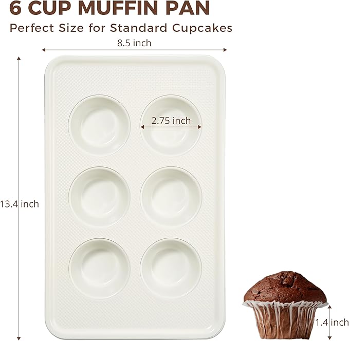 HONGBAKE Nonstick Ceramic Muffin Pan, 6 Cup Muffin tin for Baking, Non-toxic Cupcake Pan, Heavy-duty Aluminized Steel Cupcake Tray with Diamond Texture, Easy To Clean, Cream