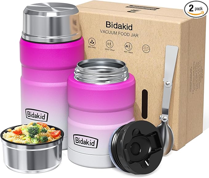 Insulated Food Jar Set – 25.4oz & 17oz Stainless Steel Containers with Folding Spoon and Carrying Bags – Leak-Proof, Keeps Food Hot or Cold for up to 12 Hours – Ideal for Work, School, Travel