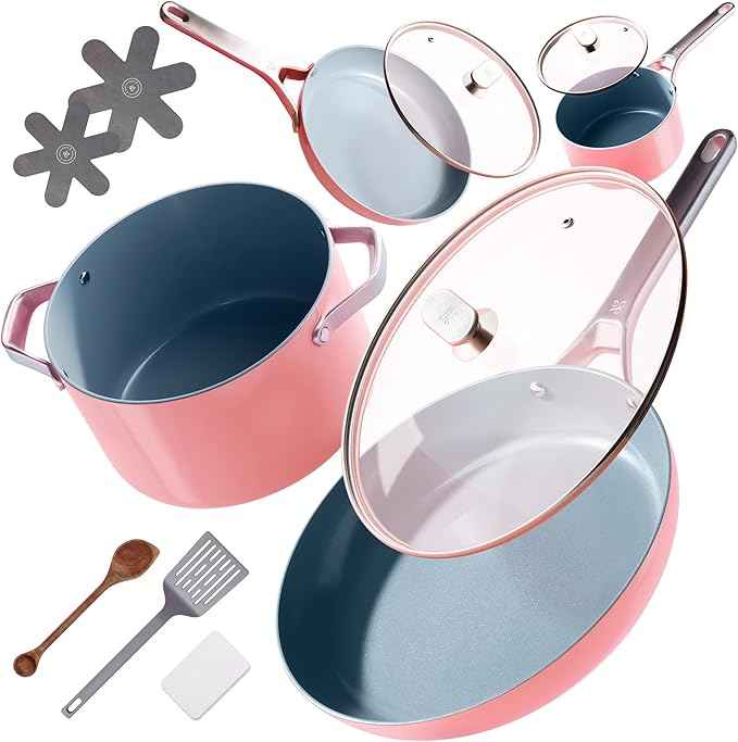 Premium Non-Toxic Ceramic Cookware Set – Triple-Layer Nonstick 12 Piece Pots and Pans with Lids, PFAS-Free, Oven Safe for Healthy Meals, Space-Saving Design, Coral Pink Color | Greater Goods