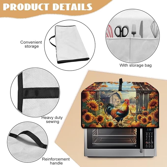 Toaster Oven Dust Cover Dustproof Smart Oven Air Fryer Microwave Cover with Pockets, Electric Appliance Protector Fall Home Decor, M, Chicken Rooster Sunflower Pumpkin Butterfly