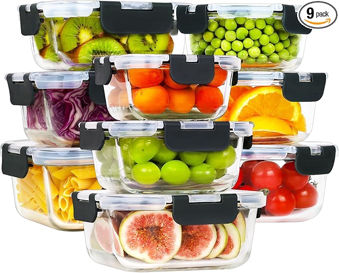 HOMBERKING 18 Piece Glass Food Storage Containers with Lids, Glass Meal Prep Containers, Airtight Lunch Bento Boxes, BPA-Free & Leak Proof, Oven, Freezer and Dishwasher Safe (9 lids & 9 Containers)