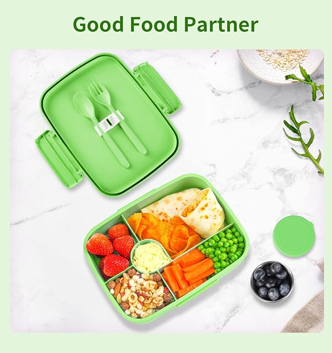 Bento Lunch Box, 5 Compartments Lunch Container for Kids/Adults with Snack cup, Wheat Fiber Eco-Friendly Double Insulated Boxes, Dishwasher and Microwave Safe, BPA-Free