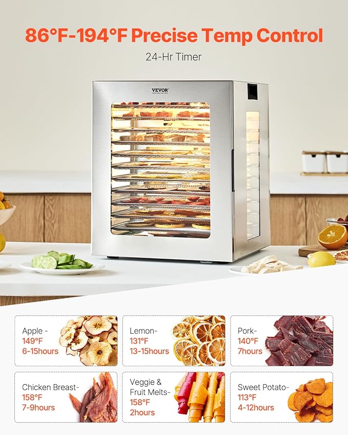 VEVOR Food Dehydrator, 12 Stainless Steel Trays Dehydrators Machine, 850W Food Dryer with Adjustable Temp & 24-Hour Timer, Dehydrator for Food and Jerky, Meat, Fruit, Vegetables, Herbs, Dog Treats