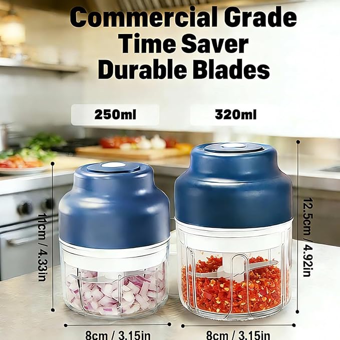 Electric Garlic Chopper Mini, Upgraded Rechargeable Veggie Chopper With Storage and Cover, One-Touch Food Processor with 4 Stainless Steel Blades for Onion Meat Chili Ginger (Blue, 250ml)