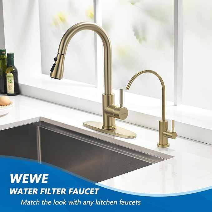 WEWE Drinking Water Faucet for Kitchen Sink, Gold Kitchen Water Filter Faucet Stainless Steel for Reverse Osmosis or Water Filtration System Beverage Non-Air Gap RO Faucet Gold Finish