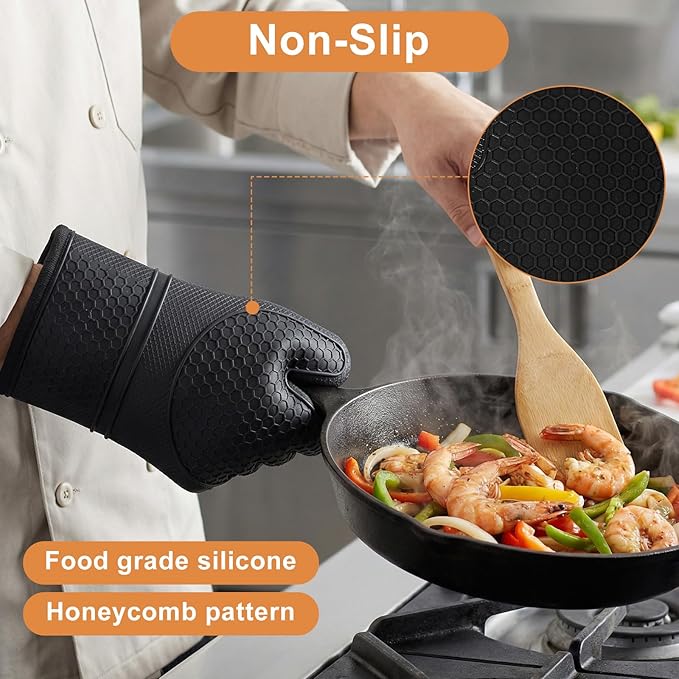 6 Pcs Oven Mitts and Pot Holders Sets for Kitchen, Extra Long Silicone Oven Gloves High Heat Resistant 500 Degrees Non-Slip Potholders Hot Pads for Baking Cooking (Black)
