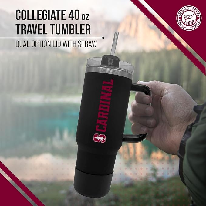 Campus Colors College & University 40 oz Travel Tumbler With Handle - Dual Option Lid With Straw - Vacuum Insulated Stainless Steel (Stanford Cardinal - Black)
