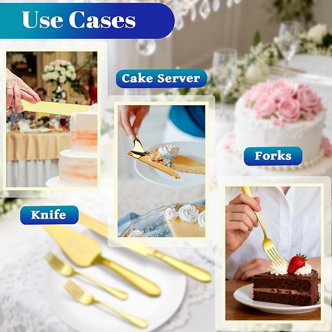 Eisinly Cake Cutting Set for Wedding, Elegant Cake Knife and Server Set with Stainless Steel Forks, Cake Cutter and Pie Spatula for Couples Wedding Registry, Engagements, Anniversary, 4 Pcs, Gold