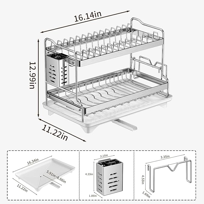 Dish Drying Rack, Double Layered countertop Kitchen Organizer with Drainage Large Bowl Rack and Storage Rack with Drainage Board, Suitable for Kitchen Bars (Silver)