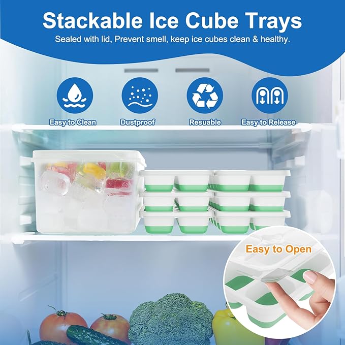 Ice Cube Trays with Lid and Bin, Silicone Plastic Ice Cubes Trays 9 Pack, Stackable Molds for Freezer, Storage Iced Bucket Kits BPA-Free and Odor-Free