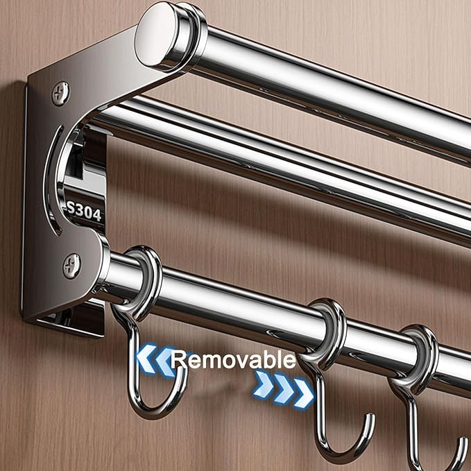 Silver 40CM+8Hook Modern Kitchen Utensil Hanger, Space-Saving Wall Mount Knife Wall Mount, Kitchen Storage Shelf with Hooks, Easy to Clean