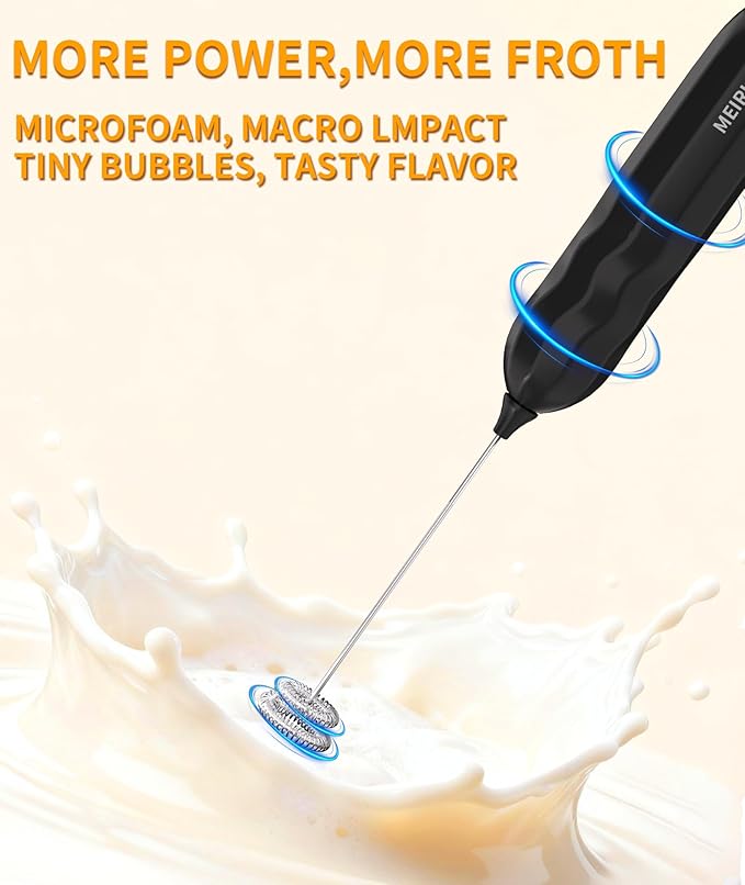 MEIRUBY 2-Pack Milk Frother Handheld with Stand, Valentines Day Gifts for Him and Her, Powerful Electric Coffee Frother, Coffee Lover Gift for Lattes, Cappuccino, Matcha & Hot Chocolate, Black/Pink