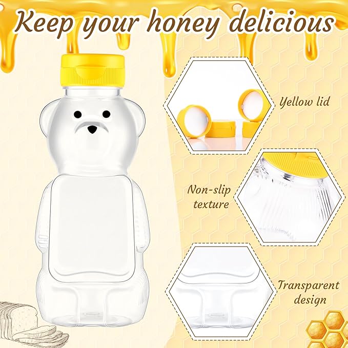 Thenshop 60 Pcs Plastic Bear Honey Bottle Jars Bulk 12 oz Honey Squeeze Bottle Empty with Flip Top Lid Containers Honey Bear Bear Juice Bottle Drinking Cup Yellow Flap Caps for Storing Dispensing