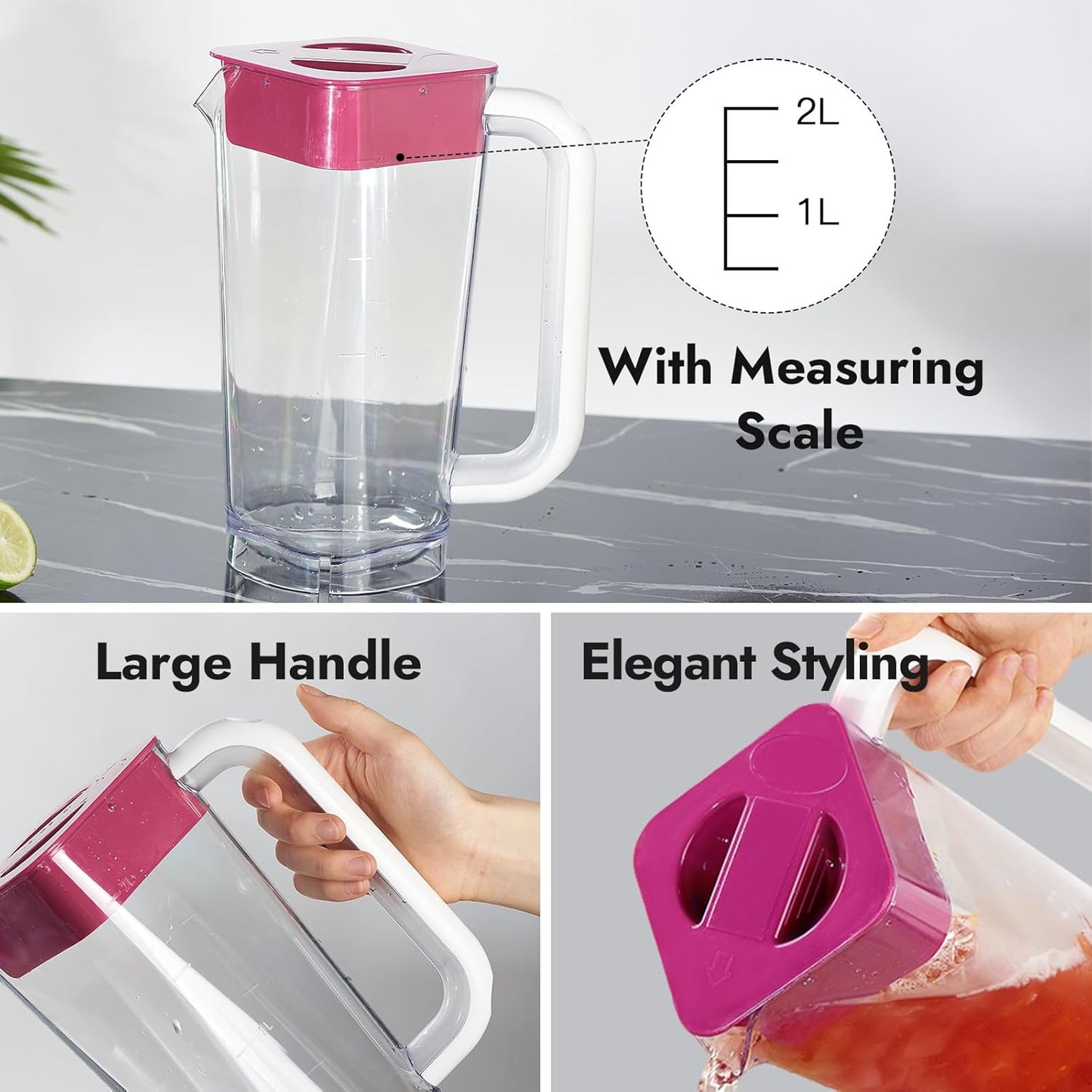 CURTA 2 Pack 2 Liters/68 oz Plastic Square Pitcher with Lid & Handle for Kitchen,ICED JUICE and Coffee Carafe Beverage Serveware, Acrylic Water Jug for Hot/Cold Drinks&lemonade