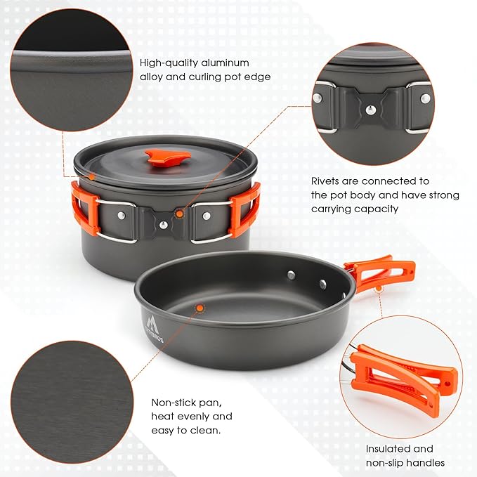 THTYBROS 17pcs Camping Cookware Kit, 0.45Gal Pot, 7inches Pan,0.30Gal Kettle Set with 2 Set Stainless Steel Cups Plates Forks Knives Spoons for Hiking