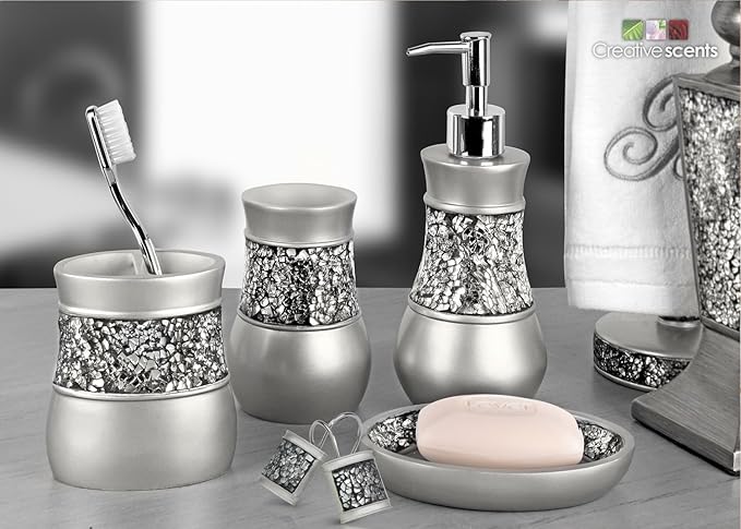 Creative Scents Crackled Glass Silver Bathroom Accessories Set - 6 Piece Bathroom Set Includes: Toilet Brush and Holder Set, Tissue Box Cover, Toothbrush Holder, Soap Dispenser, Soap Dish & Tumbler