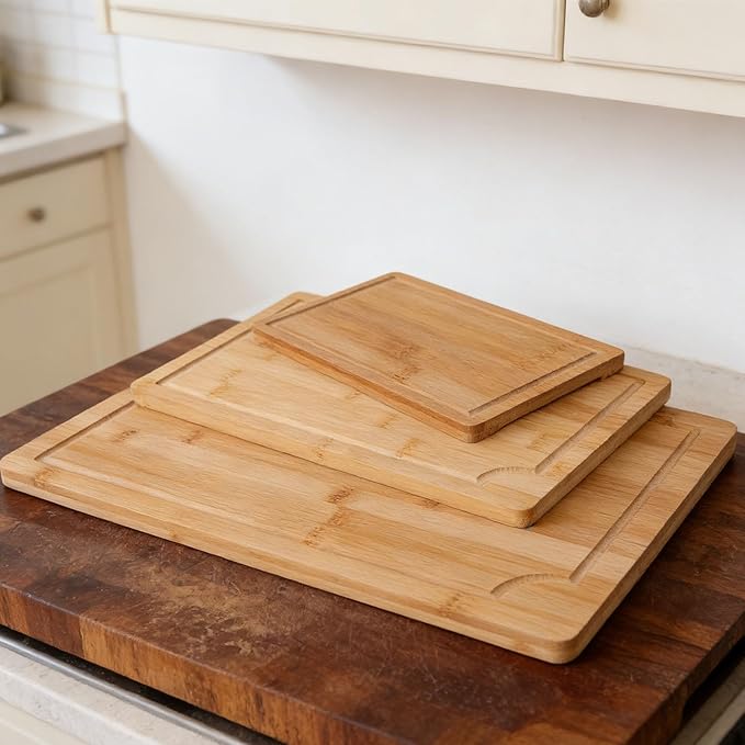 3pcs Wood Chopping Boards, Smooth Cutting Boards Set with Grooves and Inner Handles, for Kitchen, Meat, Vegetables, Cheese