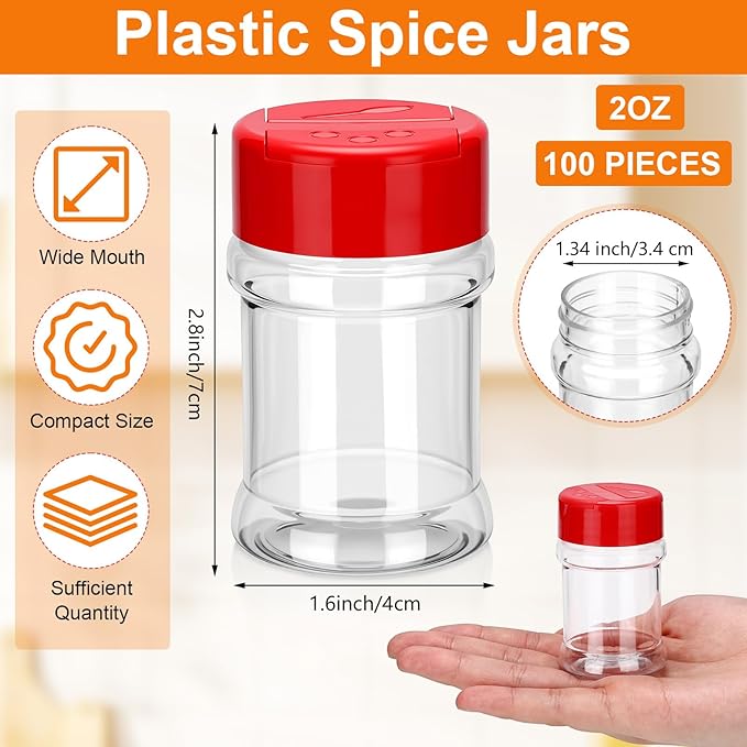 100 Pcs Plastic Spice Jars with 2 Sides Flip Cap Clear 2 Oz Seasoning Containers Empty Spice Bottles Small Seasoning Jars with Shaker Lid for Kitchen Storage Herbs and Powders(Red Cap)