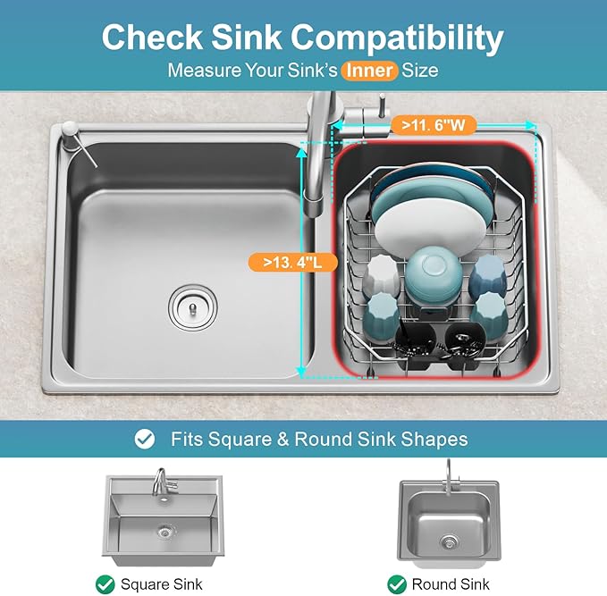 GSlife Small in Sink Dish Drying Rack - Stainless Steel Compact Dish Drainer with Silicone Drying Mat for RV Kitchen Apartment Sink, Silver