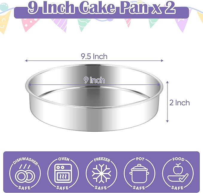 E-far 9 Inch Round Cake Pan, 2-Piece Stainless Steel Round Baking Mold Tins - Non-Toxic & Leak-Proof for Birthday Wedding Layer Tiered Cake, Easy Clean & Dishwasher Safe