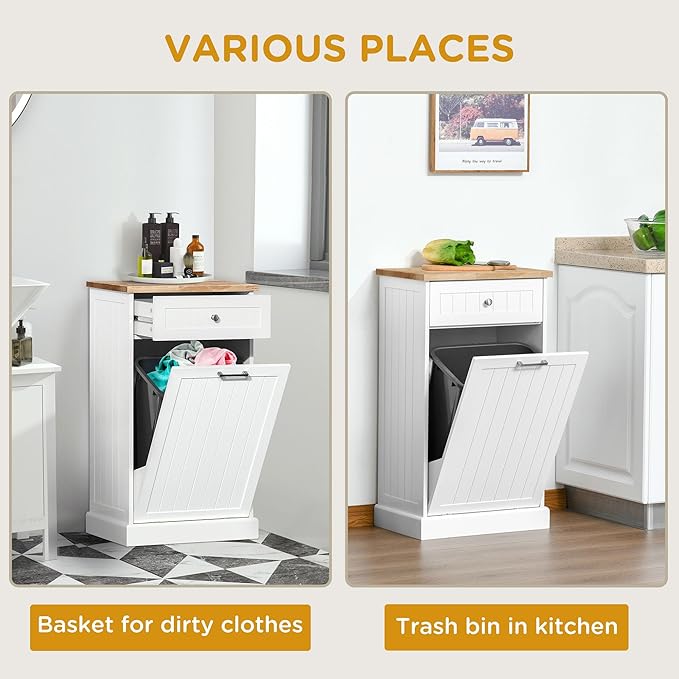 HRVEOCEI Single Tilt Out Trash Can Cabinet for 10 Gallon, Trash Can Holder Cabinet with Drawer, Farmhouse Garbage Cabinets for Kitchen Living Room, Easy to Clean (White + Wood)