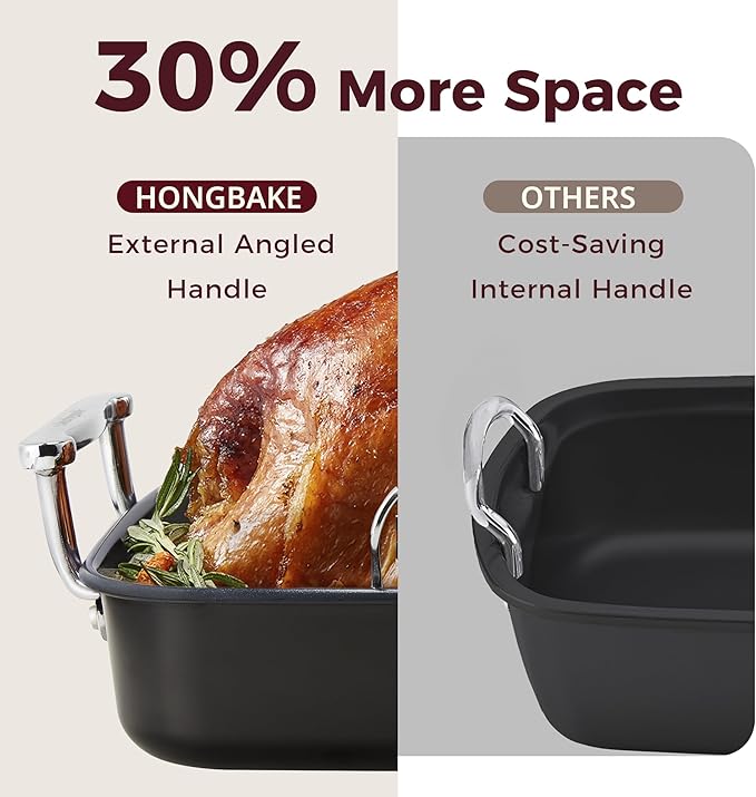 HONGBAKE Roasting Pan with Rack, 17.6×11 Inch Nonstick Roaster Pan for 17 lb Turkey, Chicken and Lasagna, Deep Turkey Pan for Oven, Heavy Duty Oven Roaster Tray, Wider Handles, Gray