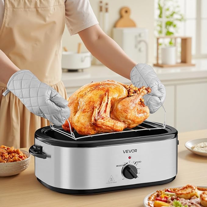 VEVOR Roaster Oven, 22QT Electric Roasting Pan, 150-450℉ Adjustable Temperature Multifunctional Electric Roaster Oven with Self-Basting Lid, Defrost & Warm Function for Holiday Meal, Fits 26lb Turkey