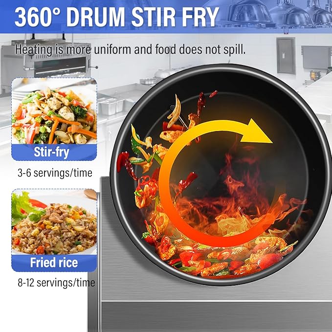 Automatic Stir Fry Machine Countertop Cooker with Water Spray & Drum Design – Natural Gas Smart 360° Cooking Machine Capacity 1.5L-9.3L,110V 100W